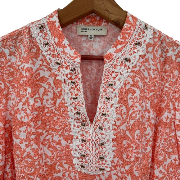 Jones New York Sport Orange & White Printed 3/4 Slv Linen Tunic Top Medium - Picture 2 of 8